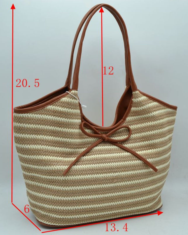 Striped Straw Vegan Leather Bow Detail Shoulder Bag
