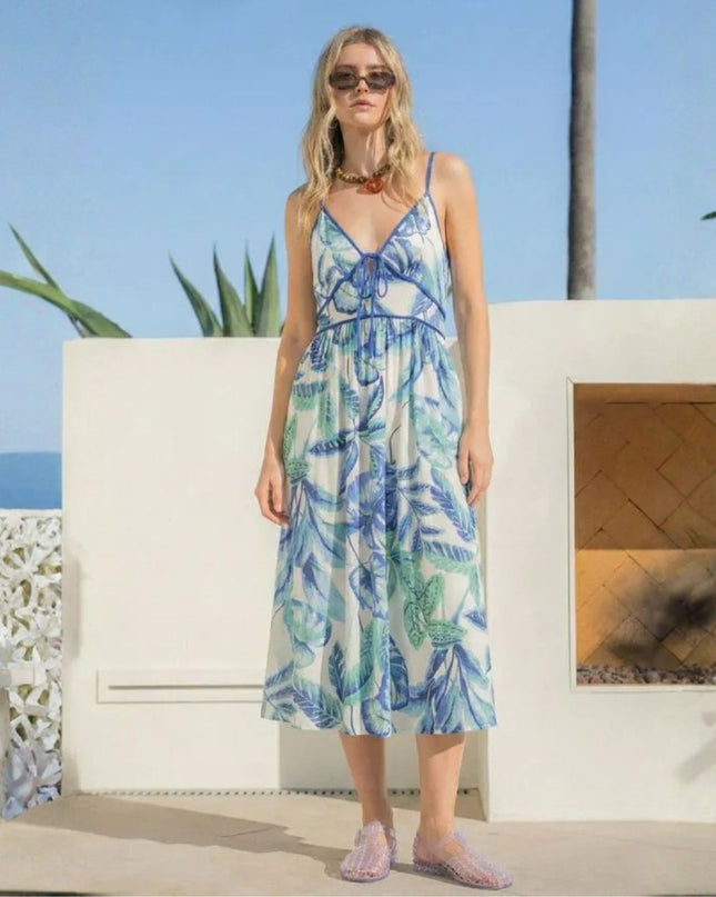 Tropical Leaf Print Tie Front Spaghetti Strap Smocked Back Midi Dress