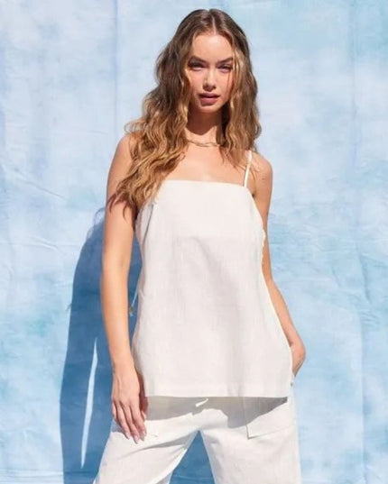 Button Side Linen Split Open Tank Top