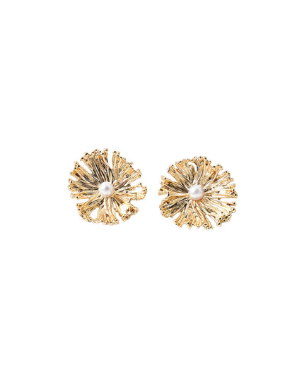 Pearl Center Hammered Metal Flower Stud Earrings