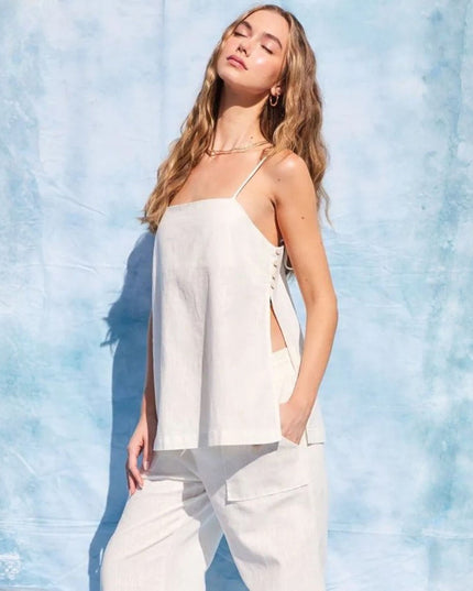 Button Side Linen Split Open Tank Top