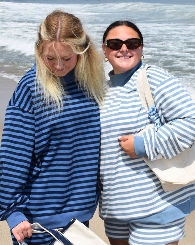Striped Mock Neck Sunshine Daydream Sleeve Patch Logo Lightweight Terry Sweatshirt Dusty Blue
