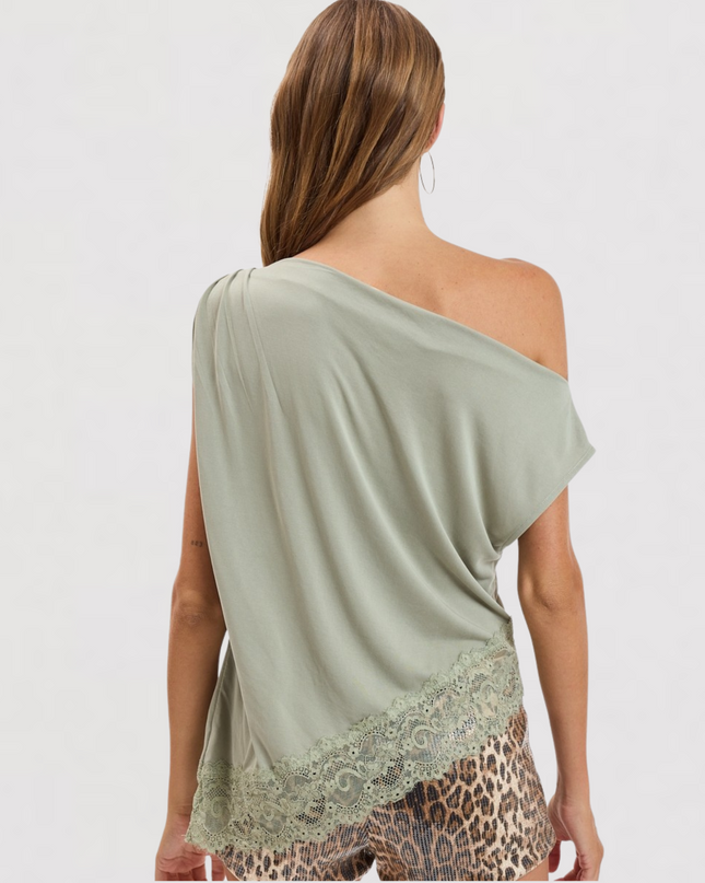 Off Shoulder Asymmetric Draping Relaxed Fit Lace Trip Short Sleeve Top