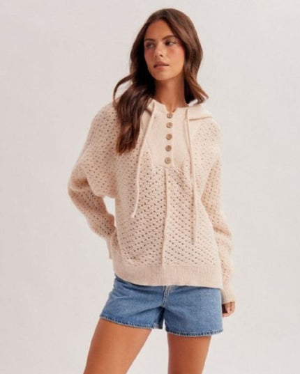 Hooded Half Button Open Knit Sweater
