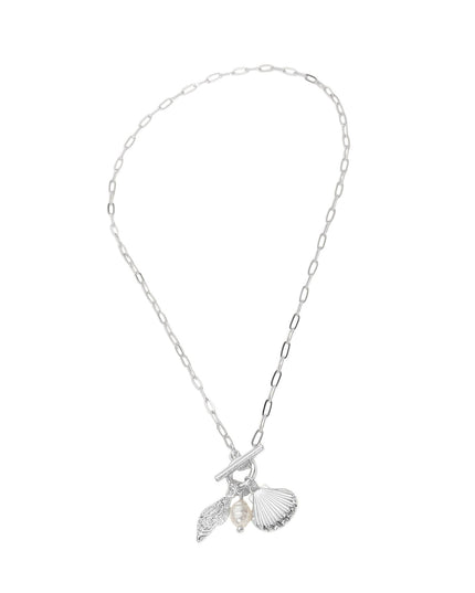 Seashell Pearl Charm Toggle Paperclip Chain Necklace