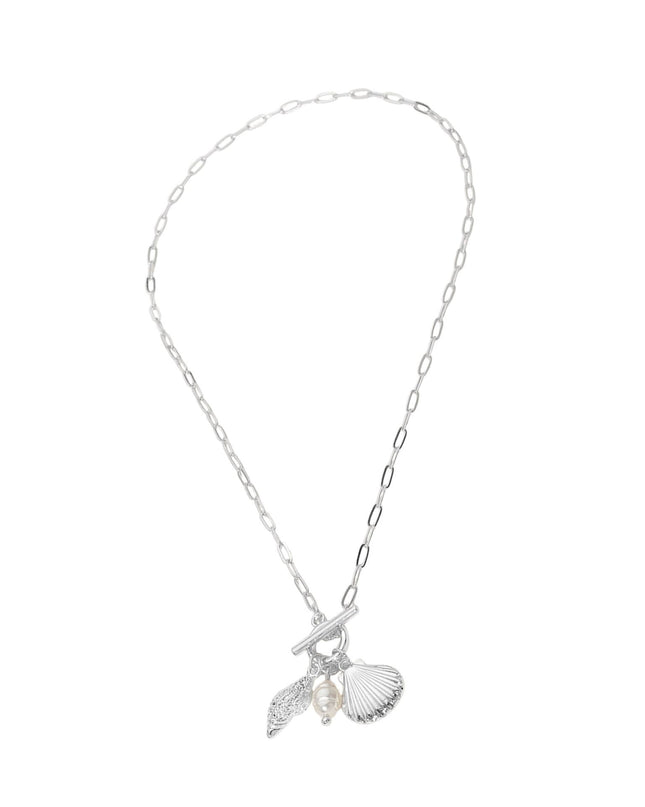 Seashell Pearl Charm Toggle Paperclip Chain Necklace