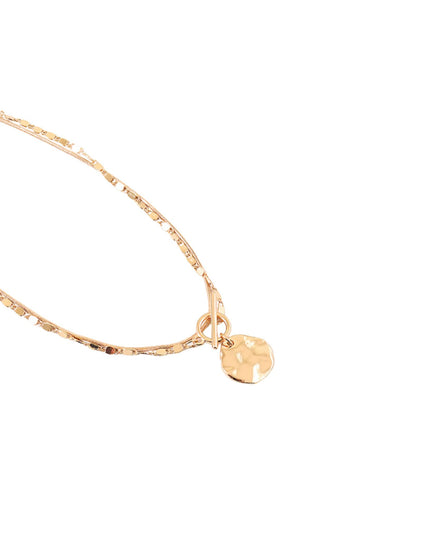 Hammered Disc Charm Delicate Double Chain Toggle Necklace