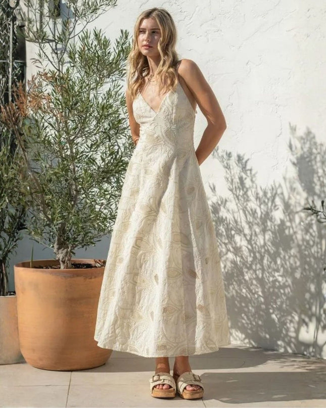 Embroidery Thin Strap Tie Back Maxi Dress