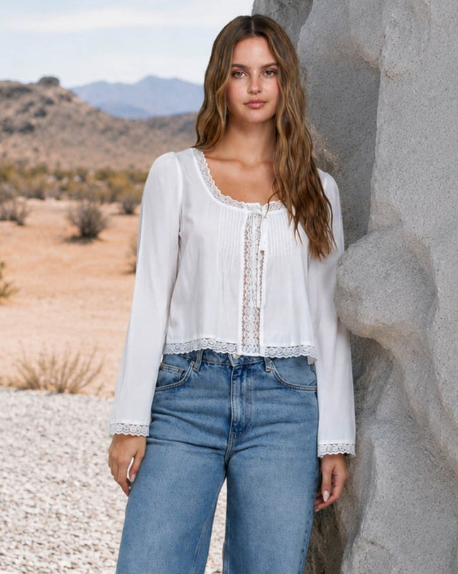 Pin Tuck Lace Trim Front Tie Long Sleeve Top