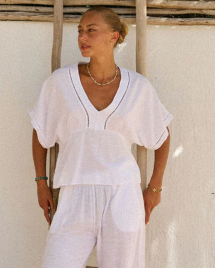Penelope V Line Crochet Trim Short Sleeve Top