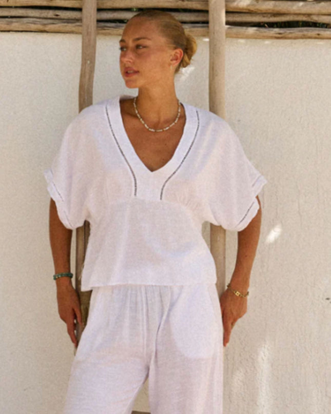 Penelope V Line Crochet Trim Short Sleeve Top