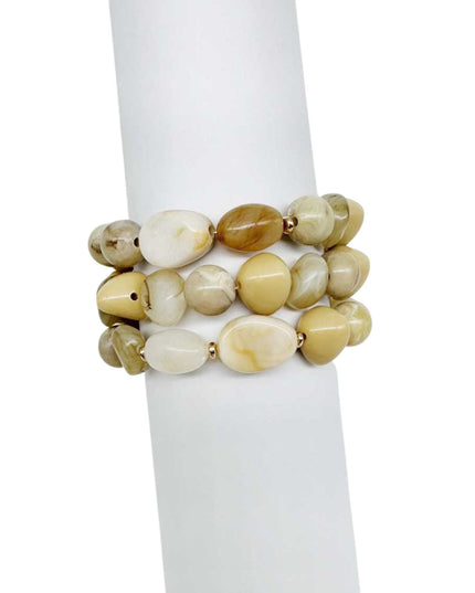 Mixed Sized Natural Stone Bead Gold Beaded 3 Bracelet Set