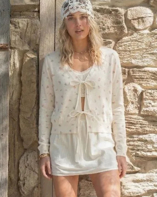 Tie Front Printed Cardigan Sweater