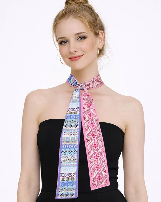 Geometric Jacquard Pattern Print Silk Feel Twilly Skinny Scarf