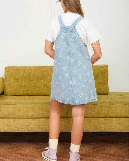 Dandelion Pattern Washed Denim Overall Mini Dress