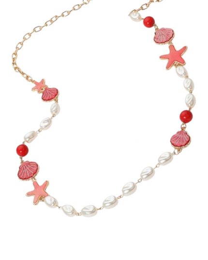 Sea Shell Starfish Pearl Link Long Gold Necklace
