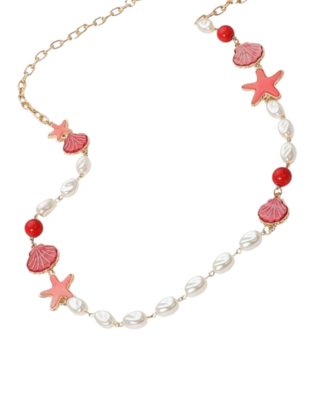 Sea Shell Starfish Pearl Link Long Gold Necklace