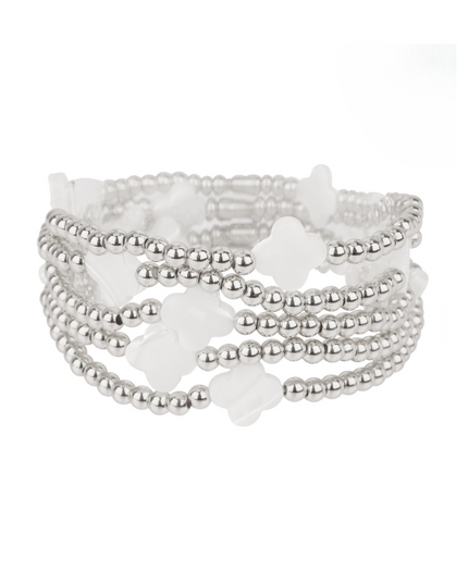 Spaced White Shell Quatrefoil Clover Ball Bead 5 Bracelet Set