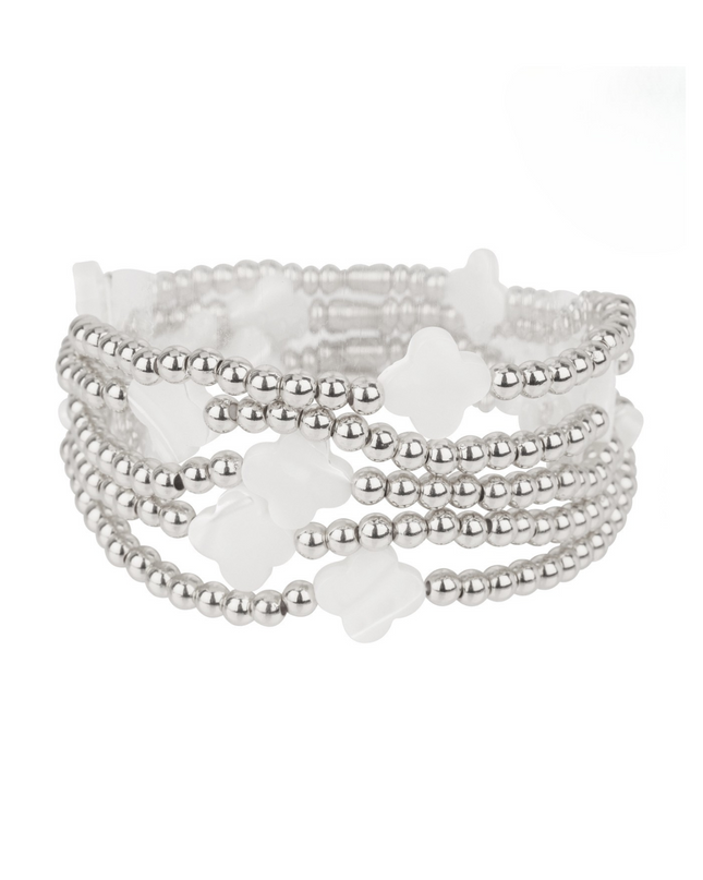 Spaced White Shell Quatrefoil Clover Ball Bead 5 Bracelet Set
