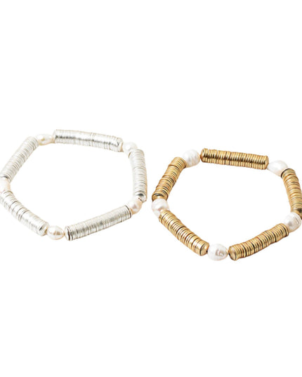 Flat Metal Bead Oval Pearl Spaced Stretch Bracelet