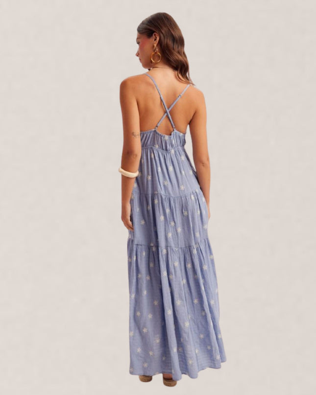 Floral Embroidery Front Button Sleeveless Maxi Dress