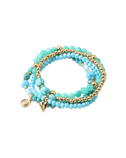 Natural Stone Gold Metal Ball Bead Heart Disc Charm 3 Bracelet Set