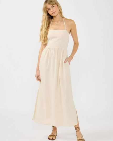 Arwen Squared Tie Halter Neck Smocked Side Slit Maxi Dress