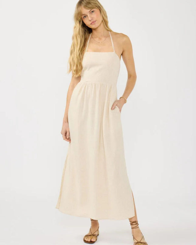 Arwen Squared Tie Halter Neck Smocked Side Slit Maxi Dress