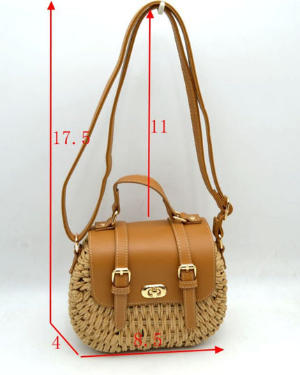 Square Double Buckle Vegan Leather Closure Straw Shoulder Bag