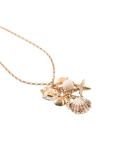 Clam Shell Metal Seashell Heart Thread Ball Cluster Charm Chain Link Necklace