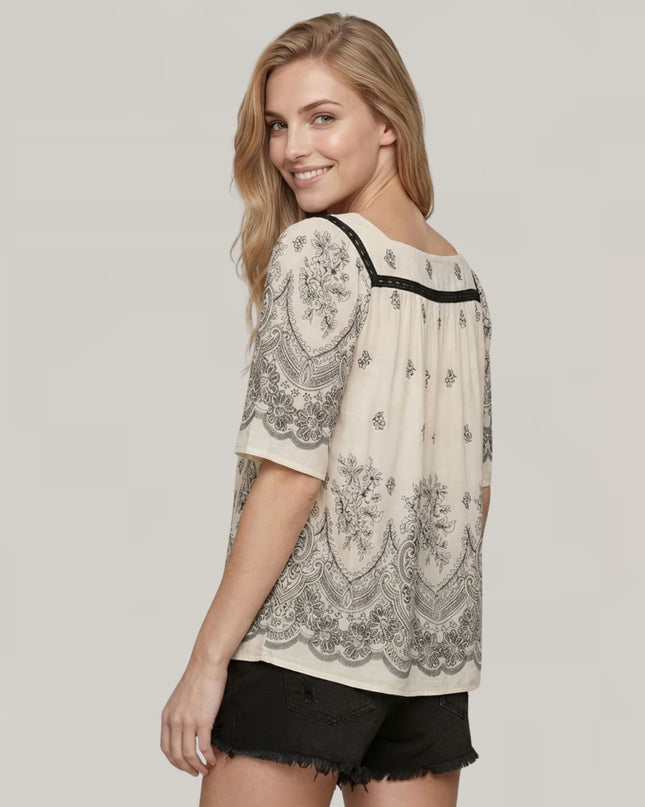 Square Neck Border Print Flare Short Sleeve Top