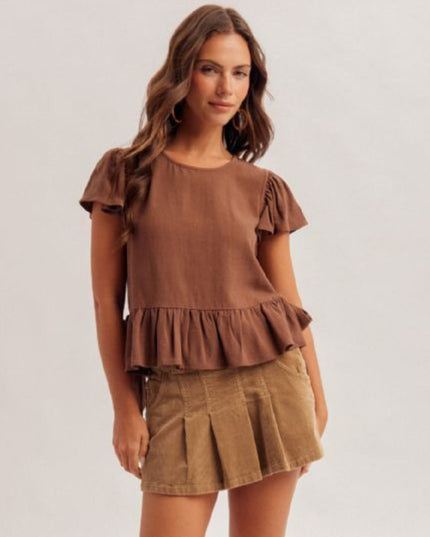 Scoop Neck Flutter Short Sleeve Side Slit Ribbon Tie Detail Top