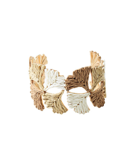 Gold Metal Raffia Wrapped Leaf Cut Out Cuff Bracelet