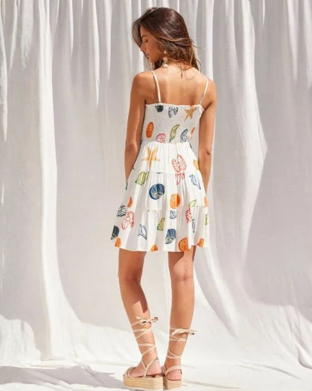 Starfish Seashell Printed Smocked V Neck Spaghetti Strap Mini Dress