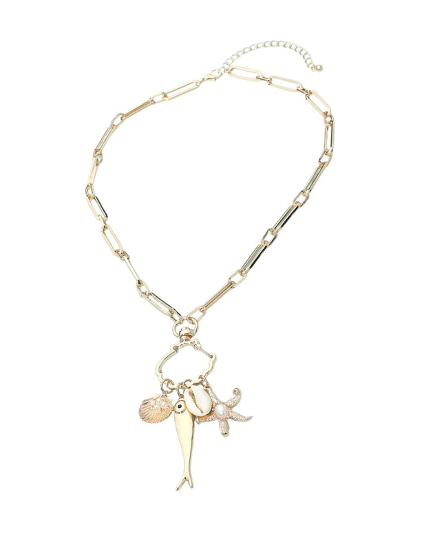 Pearl Accent Starfish Shell Fish Charm Link Necklace