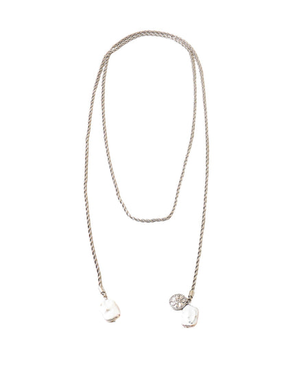 Square Pearl End Long Twisted Metal Wrap Around Chain Necklace