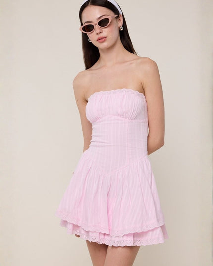 Solid Color Tiered Lace Down Tube Mini Dress