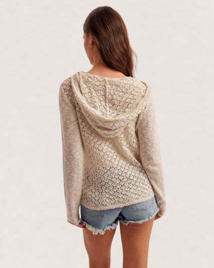 Crochet Back Front Pocket Henley Hooded Sweater