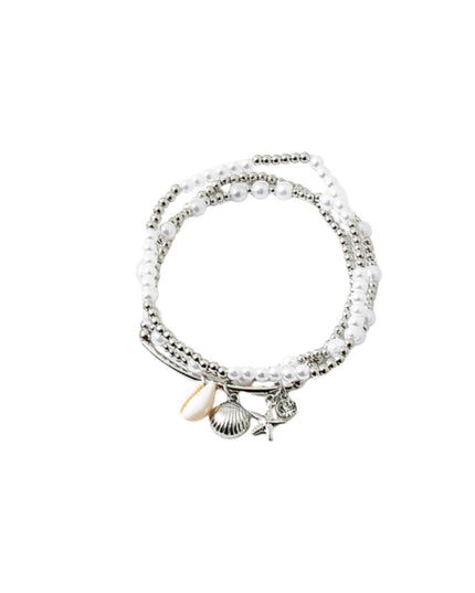 Puka Starfish Metal Seashell Charms Bar Pearl Ball Bead 3 Bracelet Set