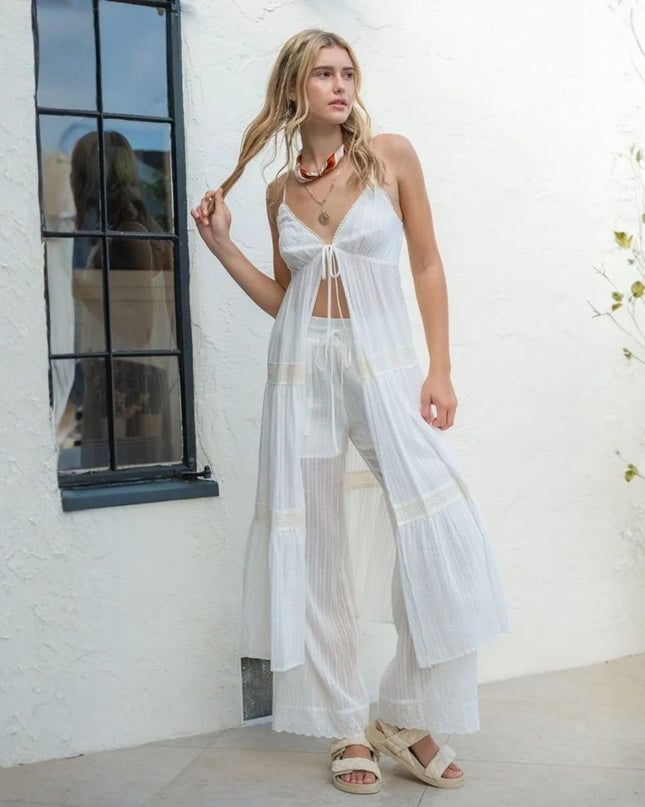 Lace Trim Elastic Tie Waist Pants