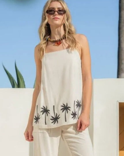 Palm Tree Border Side Button Spaghetti Strap Top