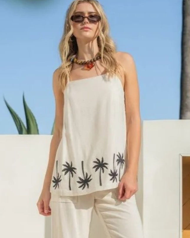 Palm Tree Border Side Button Spaghetti Strap Top