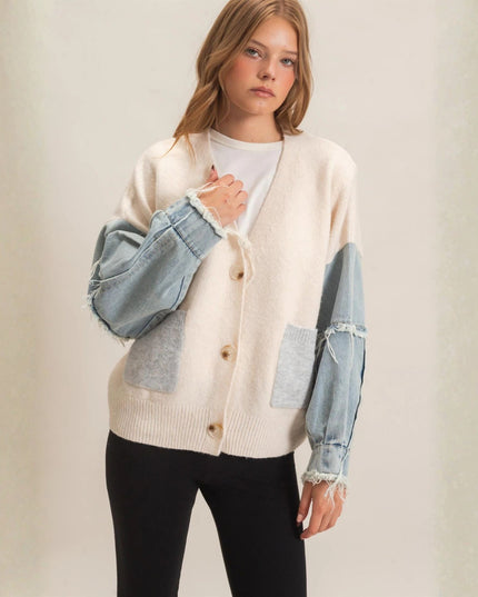 Denim Sleeves V Neck Cardigan Sweater