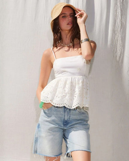 Open Back Eyelet Detail Peplum Top