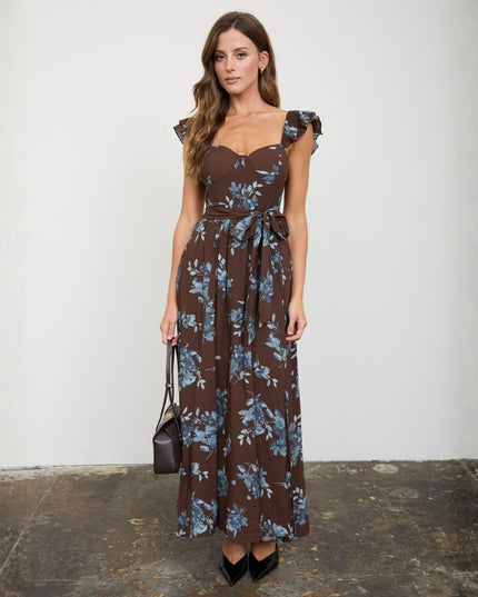 Ruffle Strap Sweetheart Corset Floral Maxi Dress