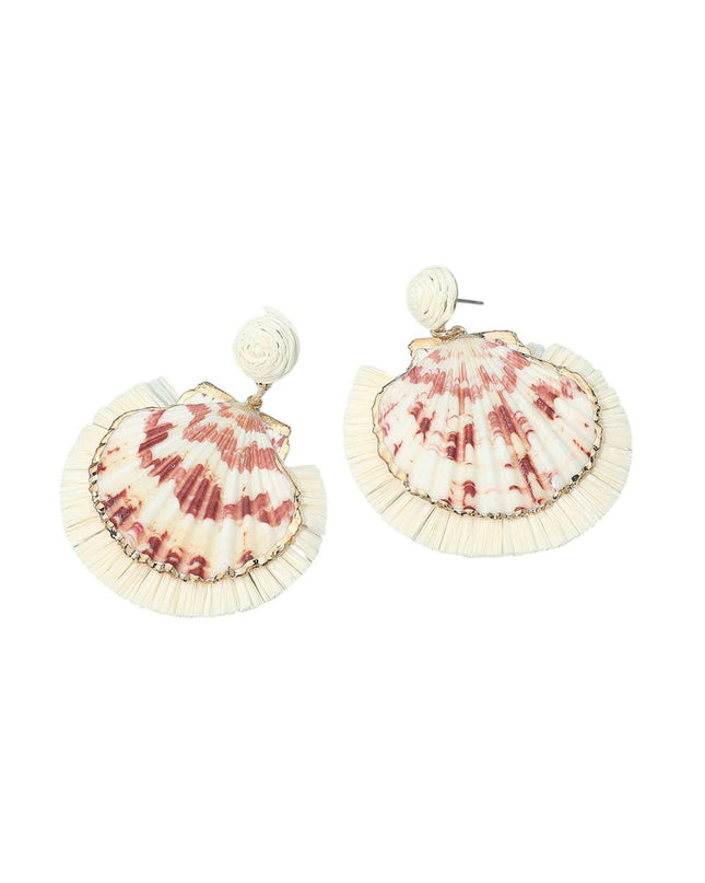 Raffia Fringe Seashell Gold Metal Drop Earrings