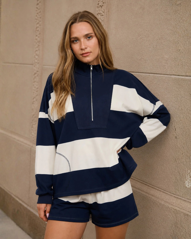 Half Zip Wide Stripe Long Sleeve Top