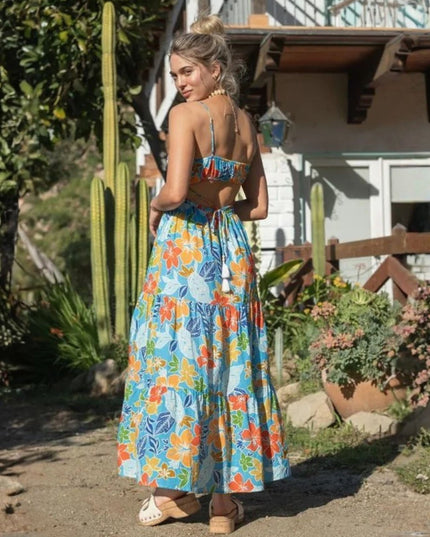 Hibiscus Flower Printed Spaghetti Strap Maxi Dress
