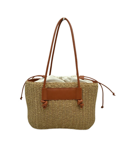 Rectangle Straw Cinch Cloth Interior Vegan Leather Strap Shoulder Bag