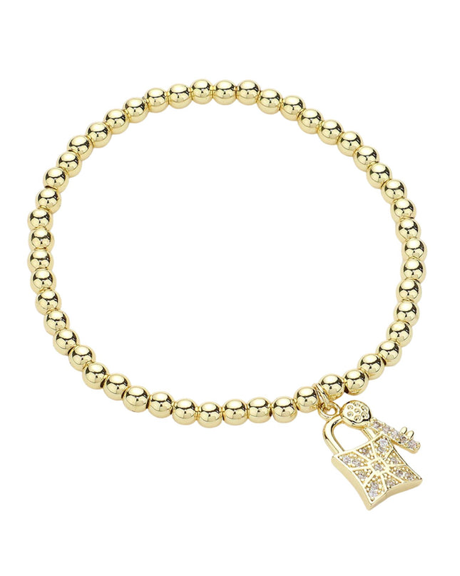 Paved Stone Lock & Key Charm Metal Ball Bead Bracelet
